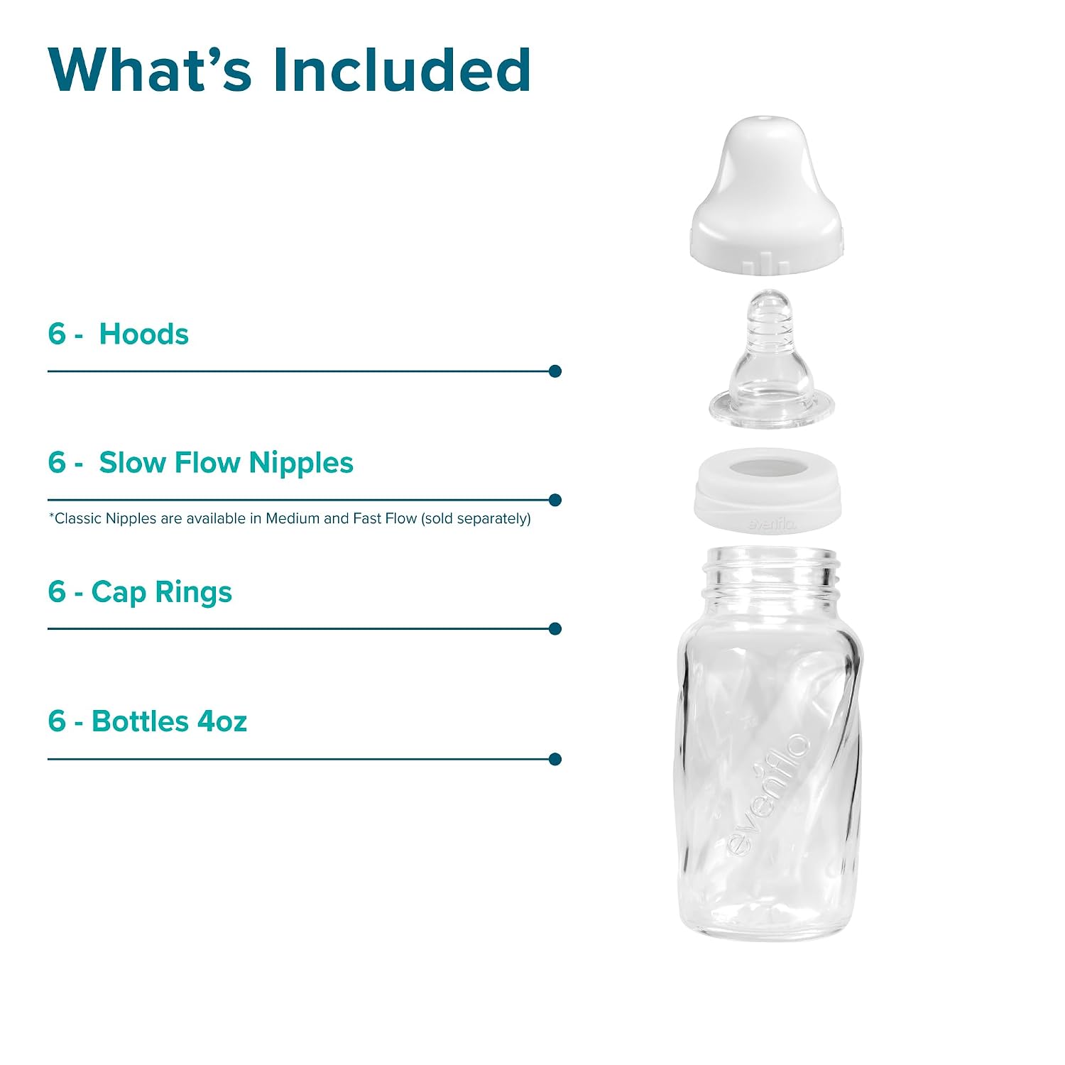 Evenflo Feeding Classic Glass, Twist Bottles, 4 Oz, 6 Bottles