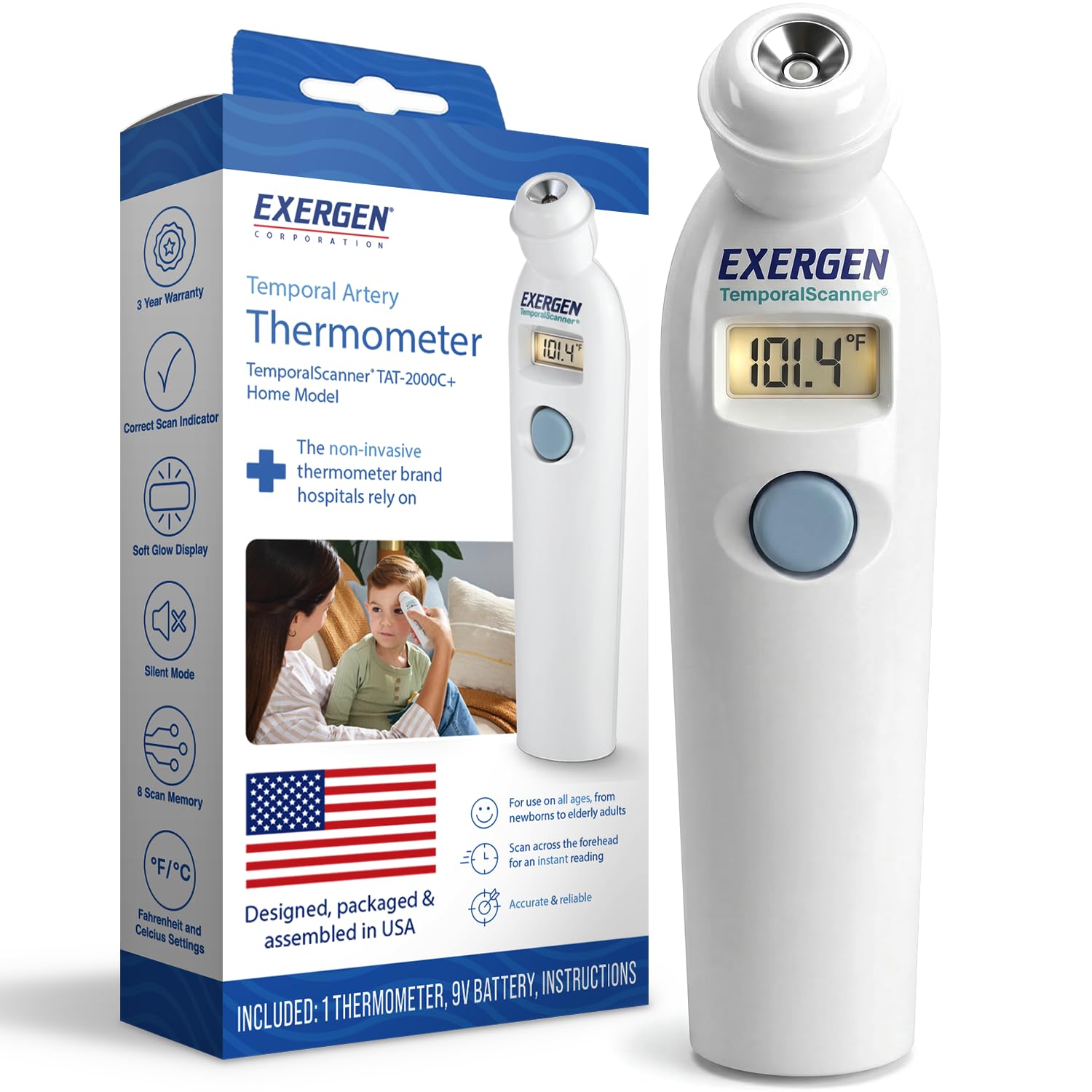 Exergen TAT-2000C+ Temporal Artery Thermometer, White, 9V Included