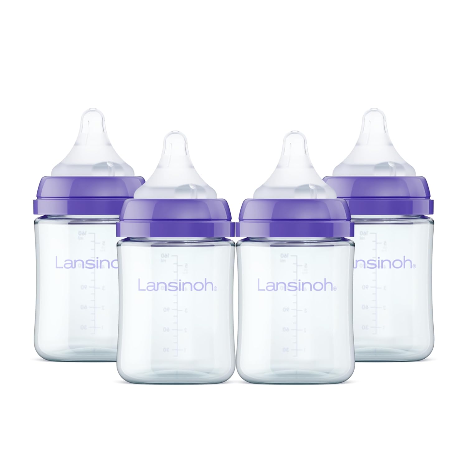 Lansinoh Anti-Colic Glass Baby Bottles, 5 Ounces, 4 Count, Includes 4 Extra Slow Flow Nipples (Size XS, Newborn), Baby Essentials