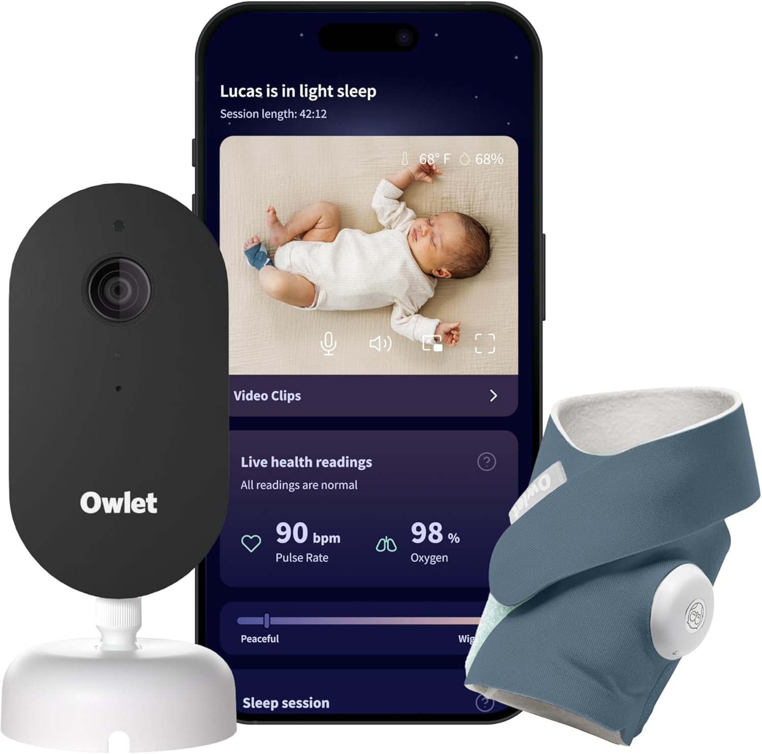 Owlet Dream Duo 3 Smart Baby Monitor System, Dream Sock + 2K HD Camera