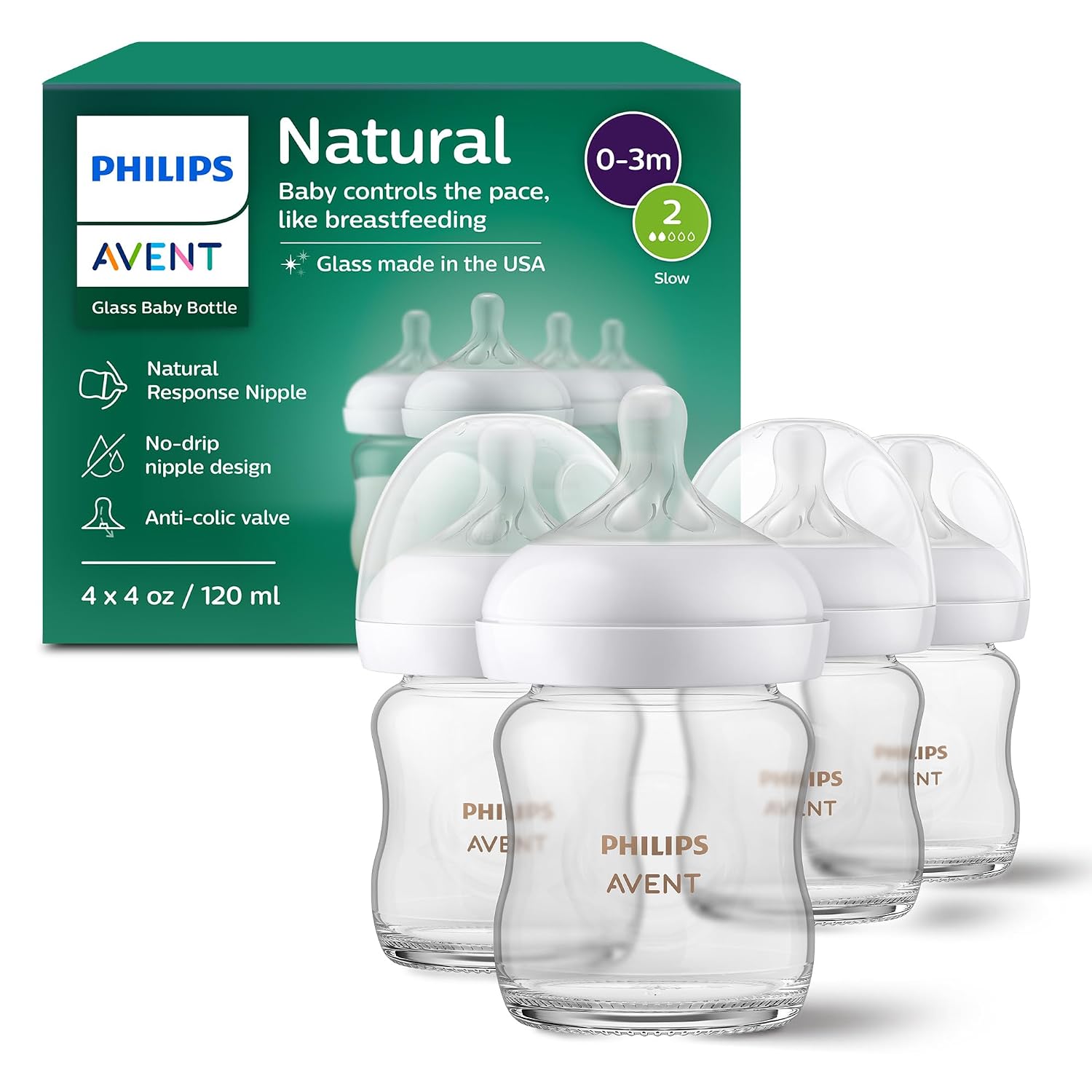 Philips Avent Natural Glass Baby Bottles, Slow Flow