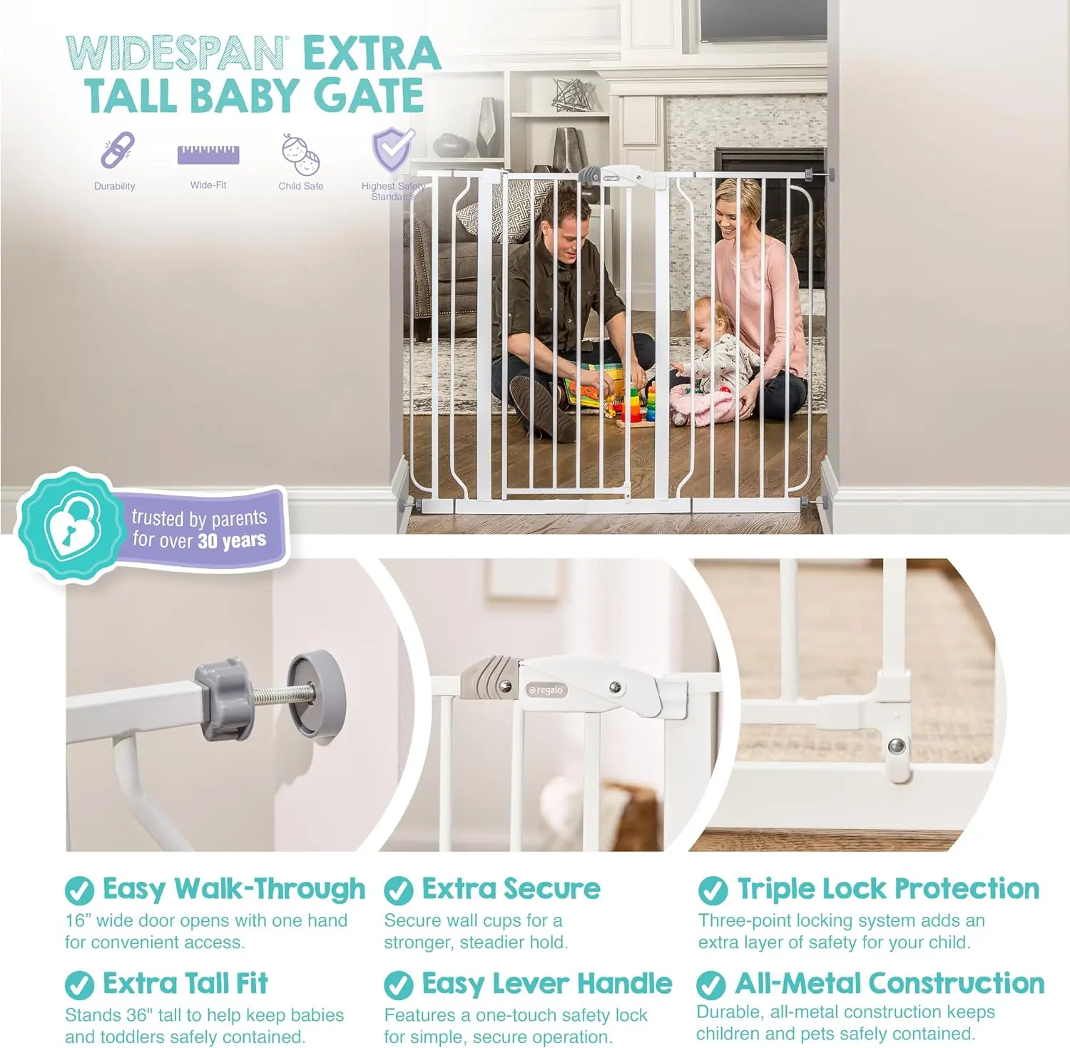Regalo 36 Extra Tall and Wide Baby Gate, Bottom of Stairs & Doorways