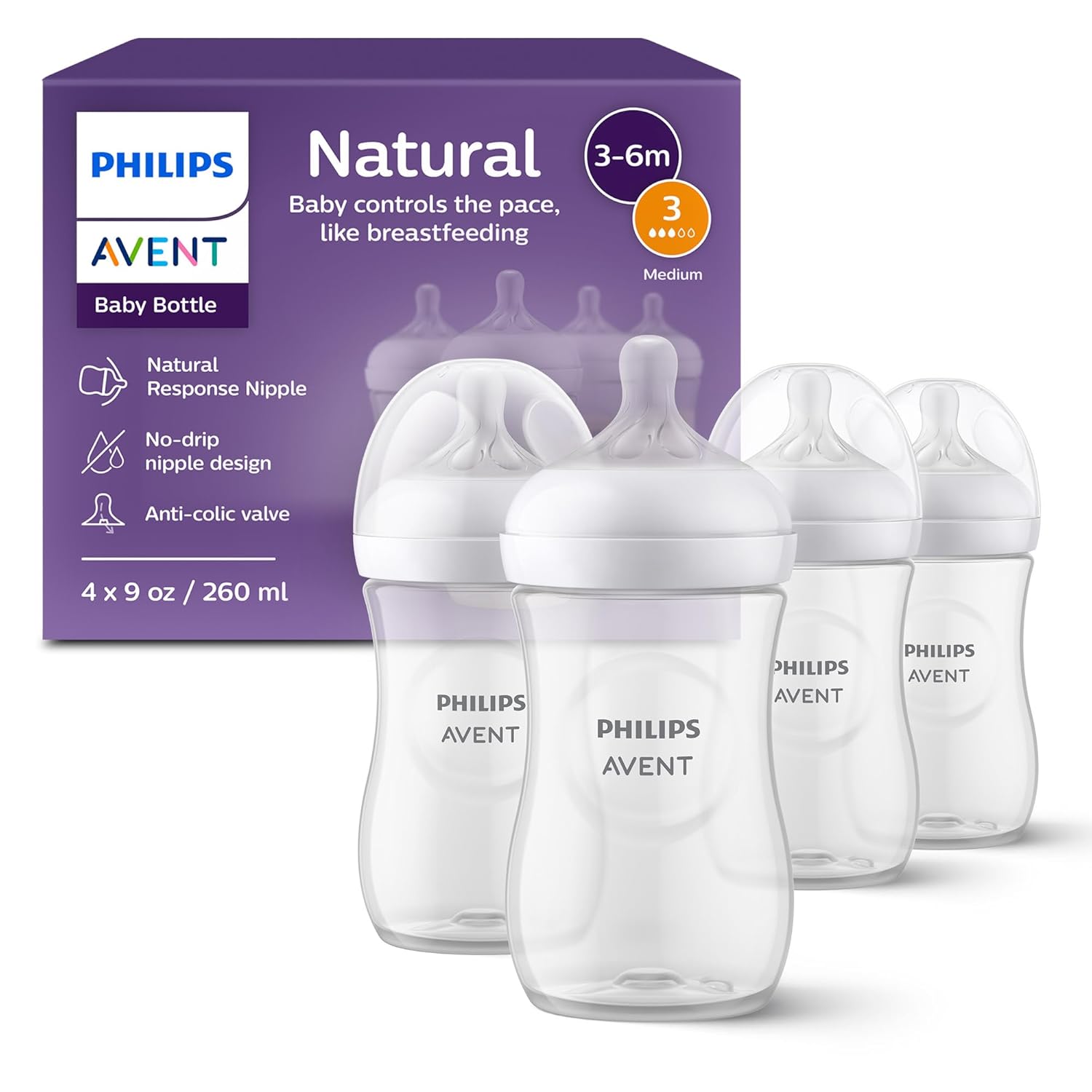 philips Avent Natural Baby Bottles, Medium Flow, 9 oz, BPA-Free, 4-Pack