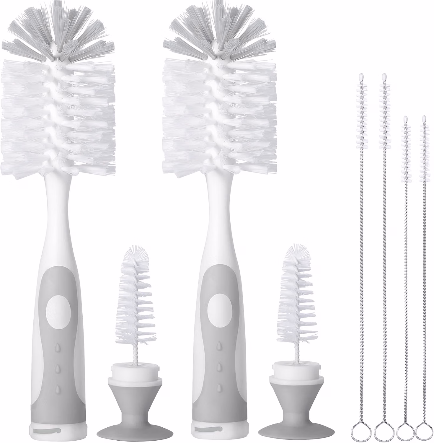 Gray Baby Bottle Brush 2-Pack, Suction Base & Hidden Cleaner