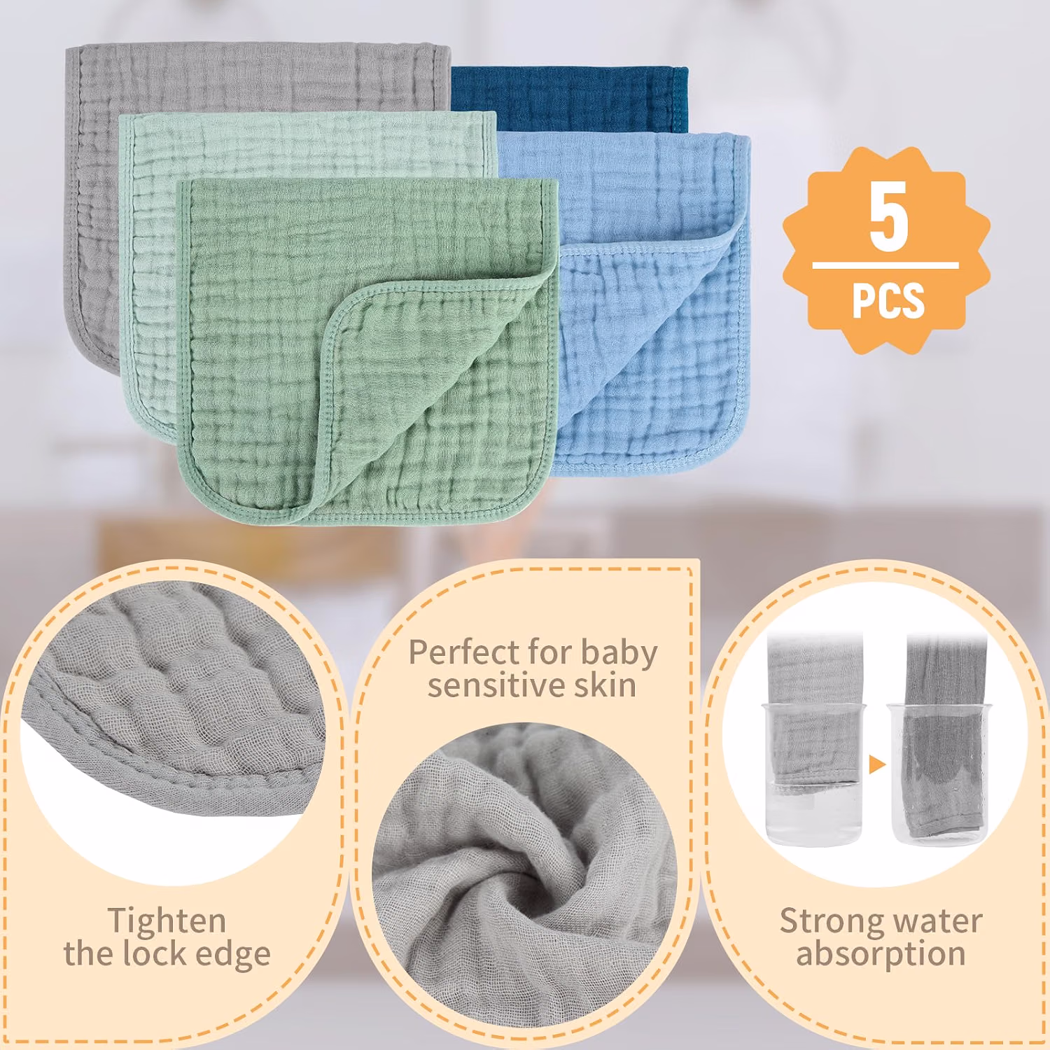MIGIOL Baby Burp Cloths 100% Cotton Newborn Muslin Burp Cloths 10x20 inches Baby Essentials Blue & Green 5-Pack